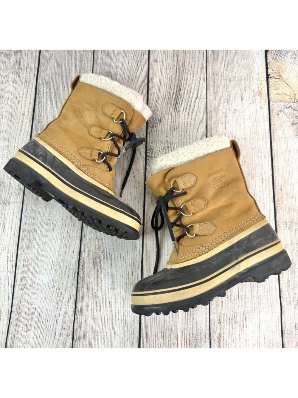 Sorel Caribou Winter Boots Buff Waterproof Nubuck Leather Youth Big Kids Size 3